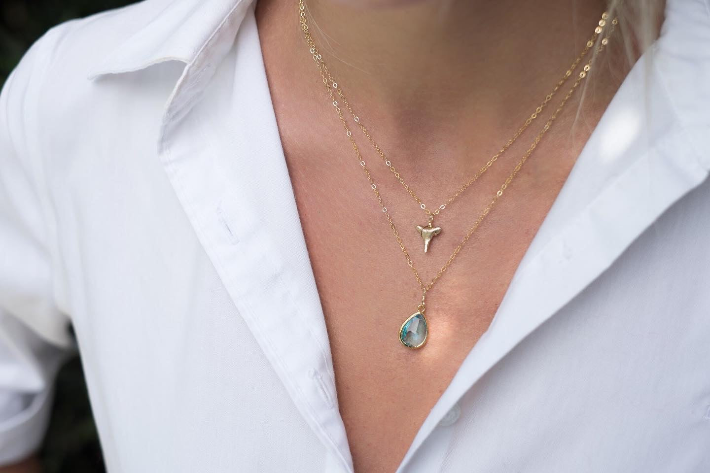 2 layer necklace-gold shark tooth-blue pendant