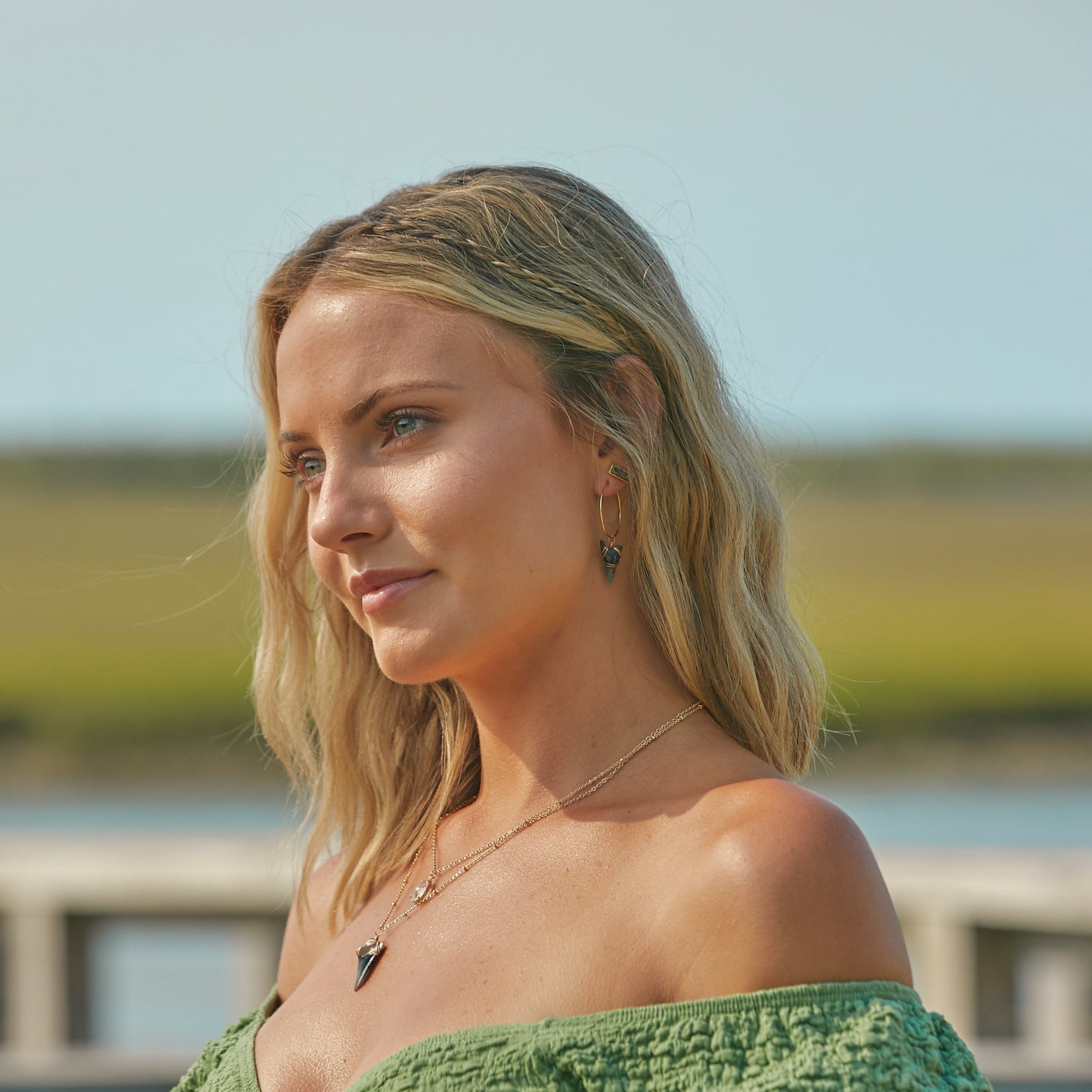 taylor ann green modeling wire wrapped hemi shark tooth hoop earrings-foxy fossils