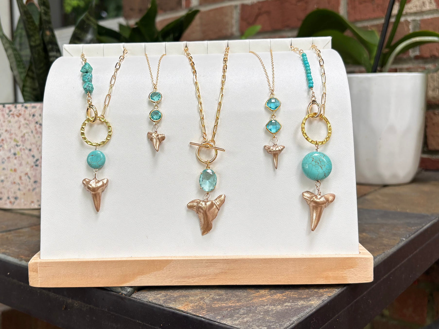 Real Fossil Shark Tooth Necklace-Gold Shark Tooth with Aqua Glass – Real Fossil Pendant | Foxy Fossils