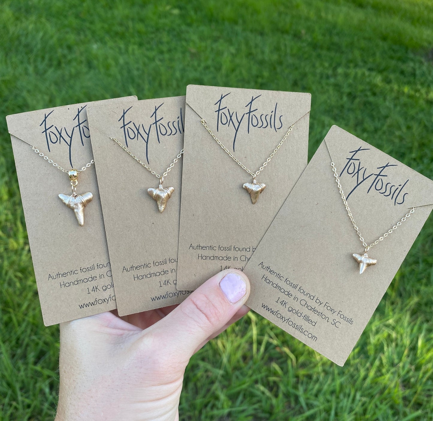 dainty gold shark tooth necklaces variety drop of gold with real fossilized shark teeth charleston sc - foxy fossils