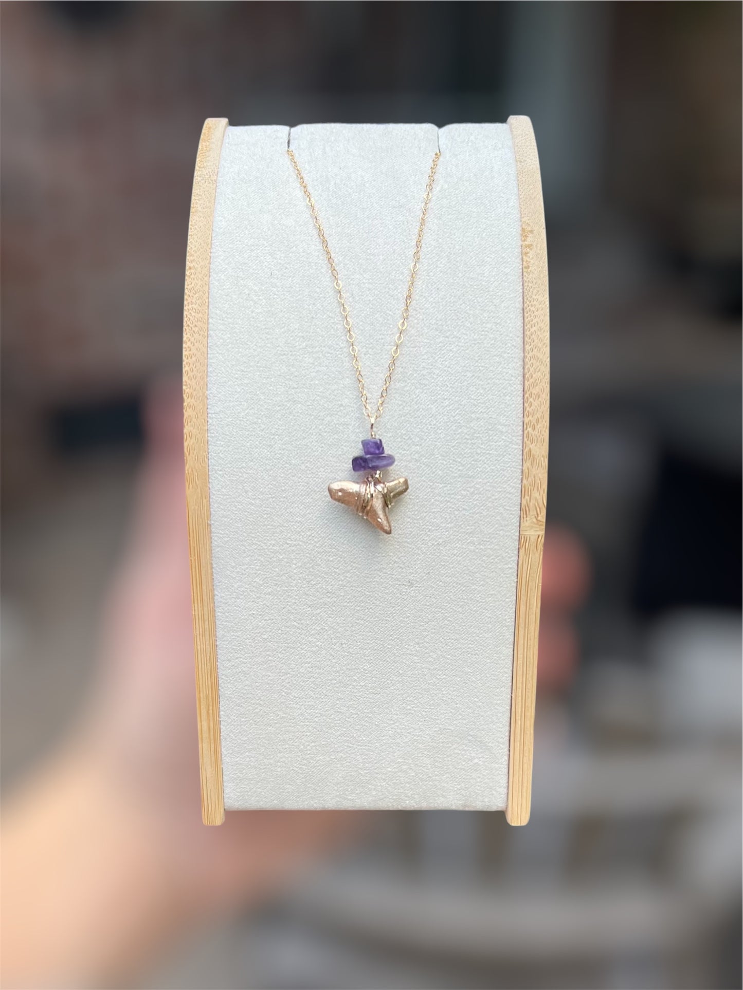 Gold fossil shark tooth necklace with amethyst stones Foxy Fossils