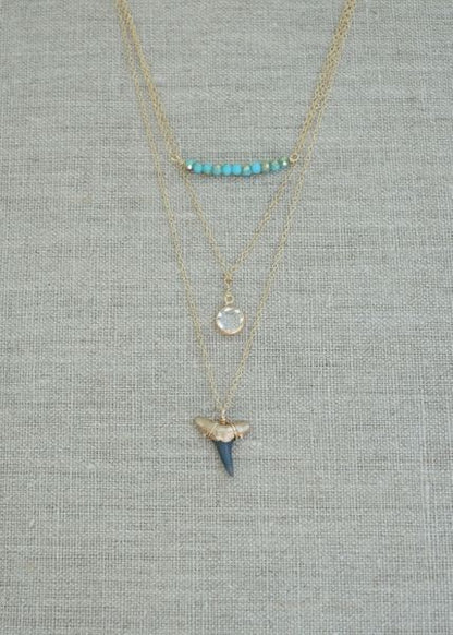 Charleston Classic 3-Layer Shark Tooth Necklace - real fossil shark tooth layered necklace, elegant gold dipped shark tooth layered necklace ethically sourced Foxy Fossils