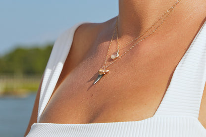 elegant shark tooth layered necklace worn by model-gold dipped real shark tooth necklace; double layer shark tooth necklace 