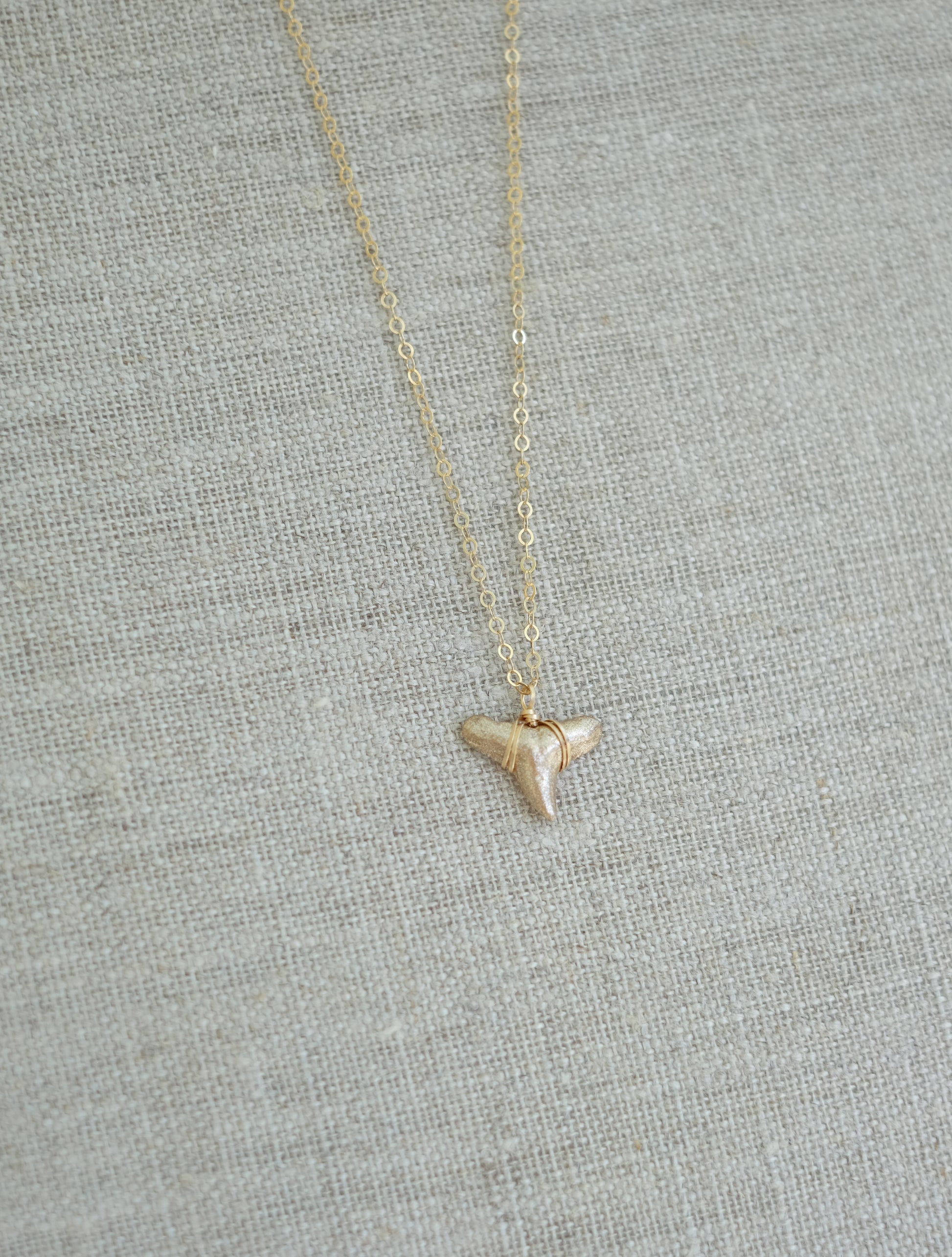 Drop of Gold real fossilized shark tooth necklace in gold - Foxy Fossils