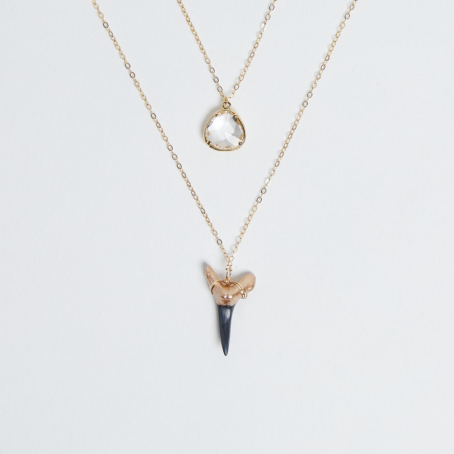 dainty layered fossil shark tooth necklace and clear crystal quartz pendant—gold dipped shark tooth necklace - Foxy Fossils