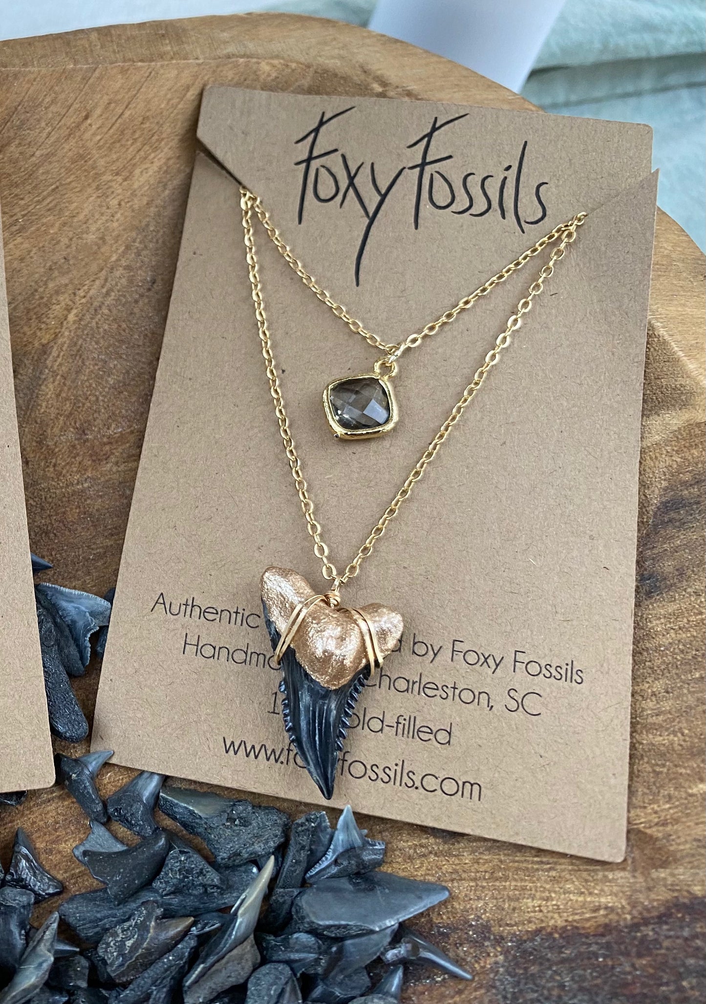 gold tip snaggletooth shark tooth necklace double layer foxy fossils