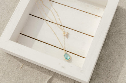 gold shark tooth 2 layer necklace — aqua blue | Foxy Fossils 