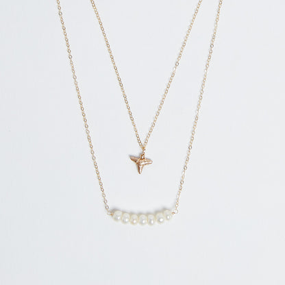 Saltwater Reign - Foxy Fossils double layer gold shark tooth necklace with freshwater pearls bar pendant