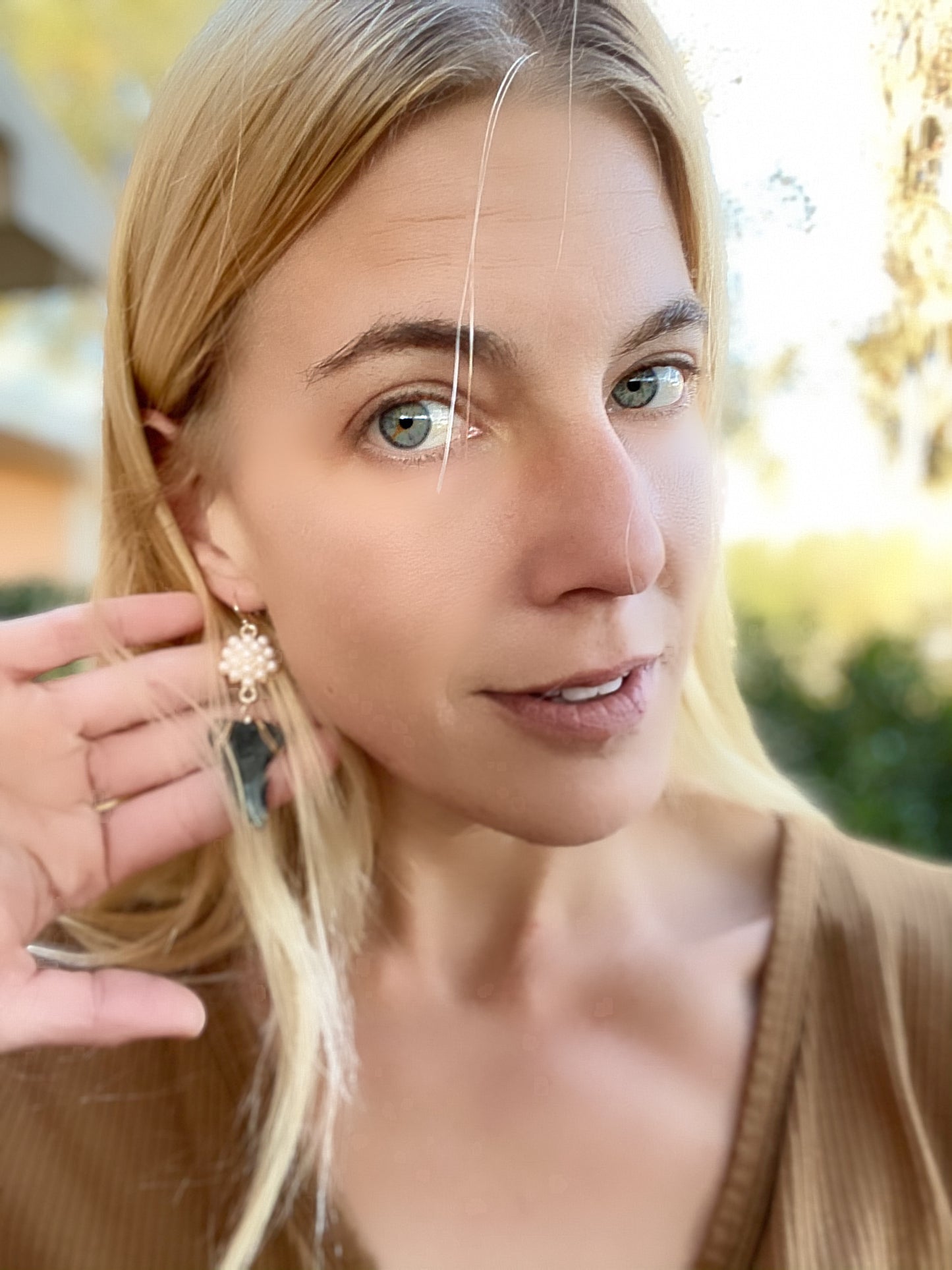 hemipristis serra snaggletooth shark teeth earrings with pearls modeled — Foxy Fossils