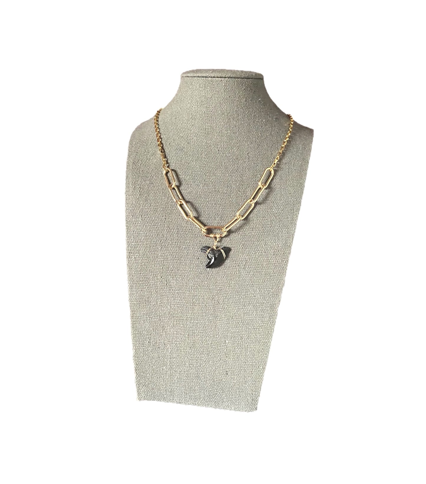 Gold tiger shark tooth necklace displayed-chunky chain fossil necklace-ethical jewelry—Foxy Fossils