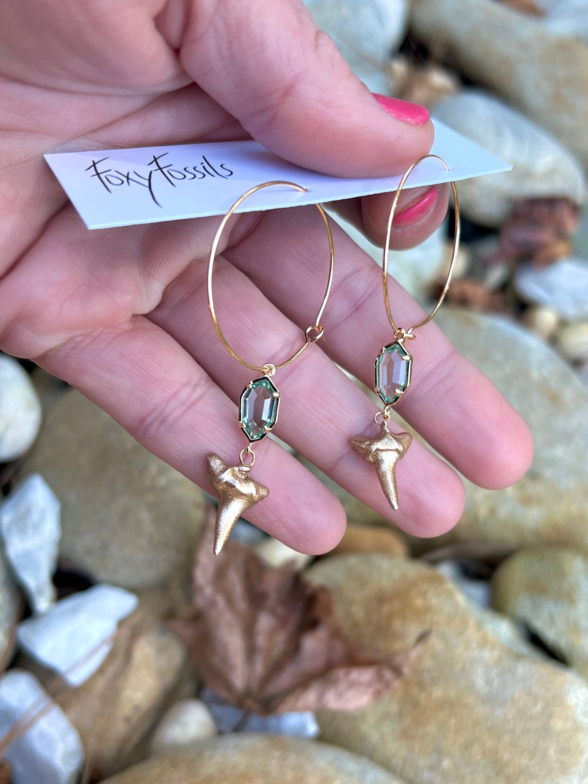 Elegant fossil shark tooth hoop earrings real shark teeth in gold—Charleston-gold shark teeth hoops—Foxy Fossils ethically sourced fossils original shark tooth jewelry 
