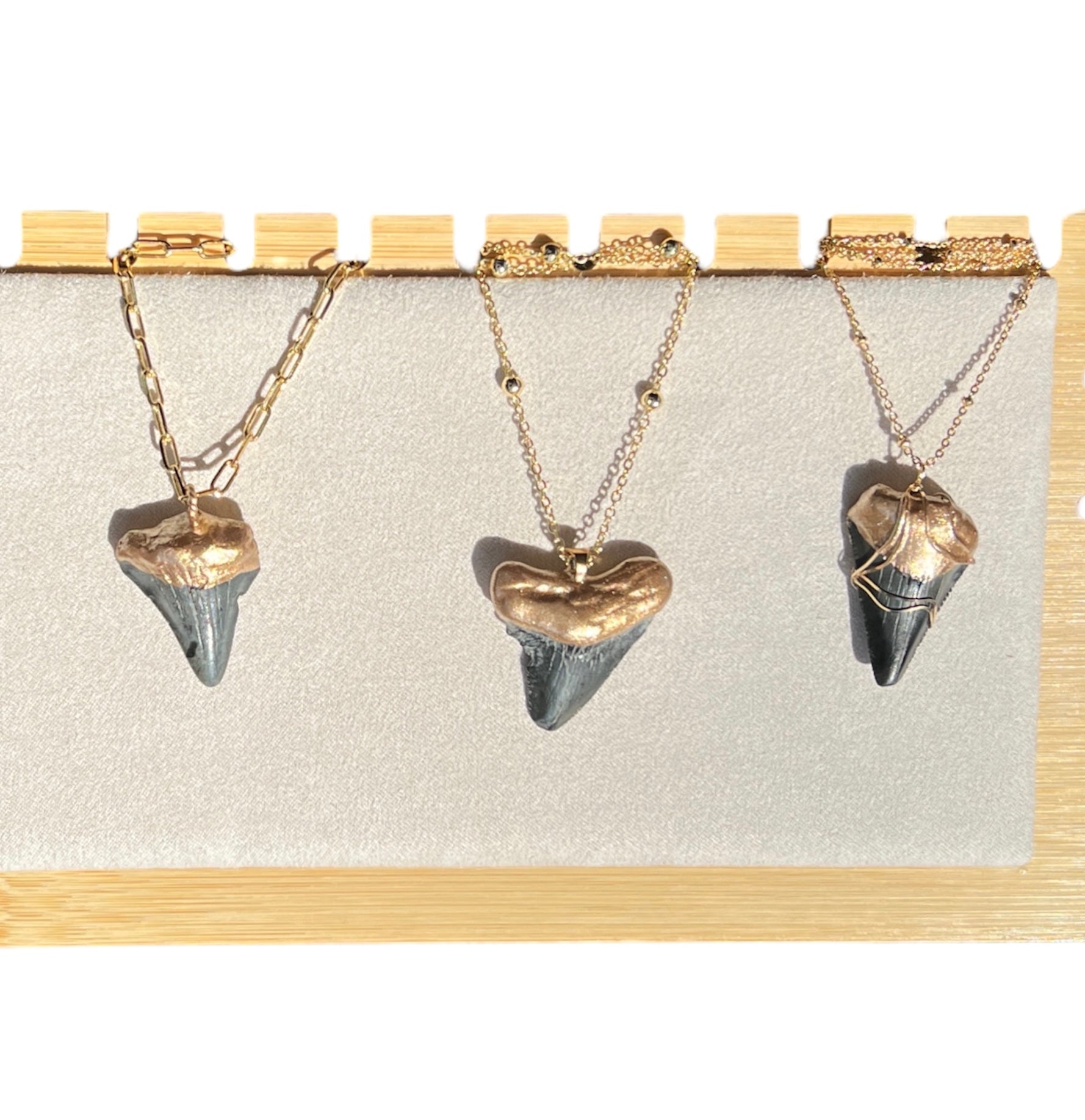 Megalodon shark tooth necklaces-real fossil shark teeth gold tip—Foxy Fossils 