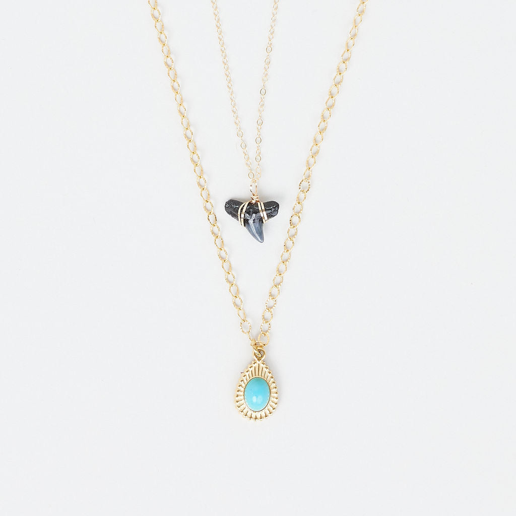 Real Shark Tooth Double Layer Necklace with Turquoise