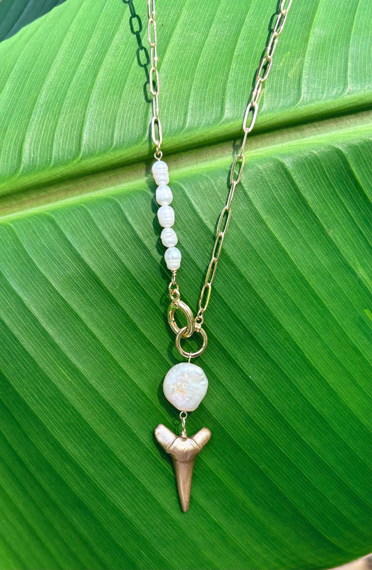Real Fossil Shark Tooth Necklace with Pearls – Gold | Charleston SC Found
