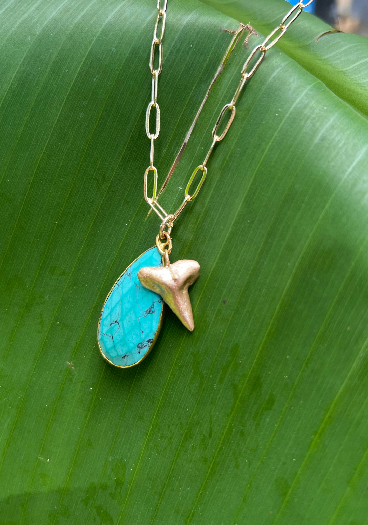 Real fossilized shark tooth Necklace with turquoise pendant and gold chain  by Foxy Fossils 