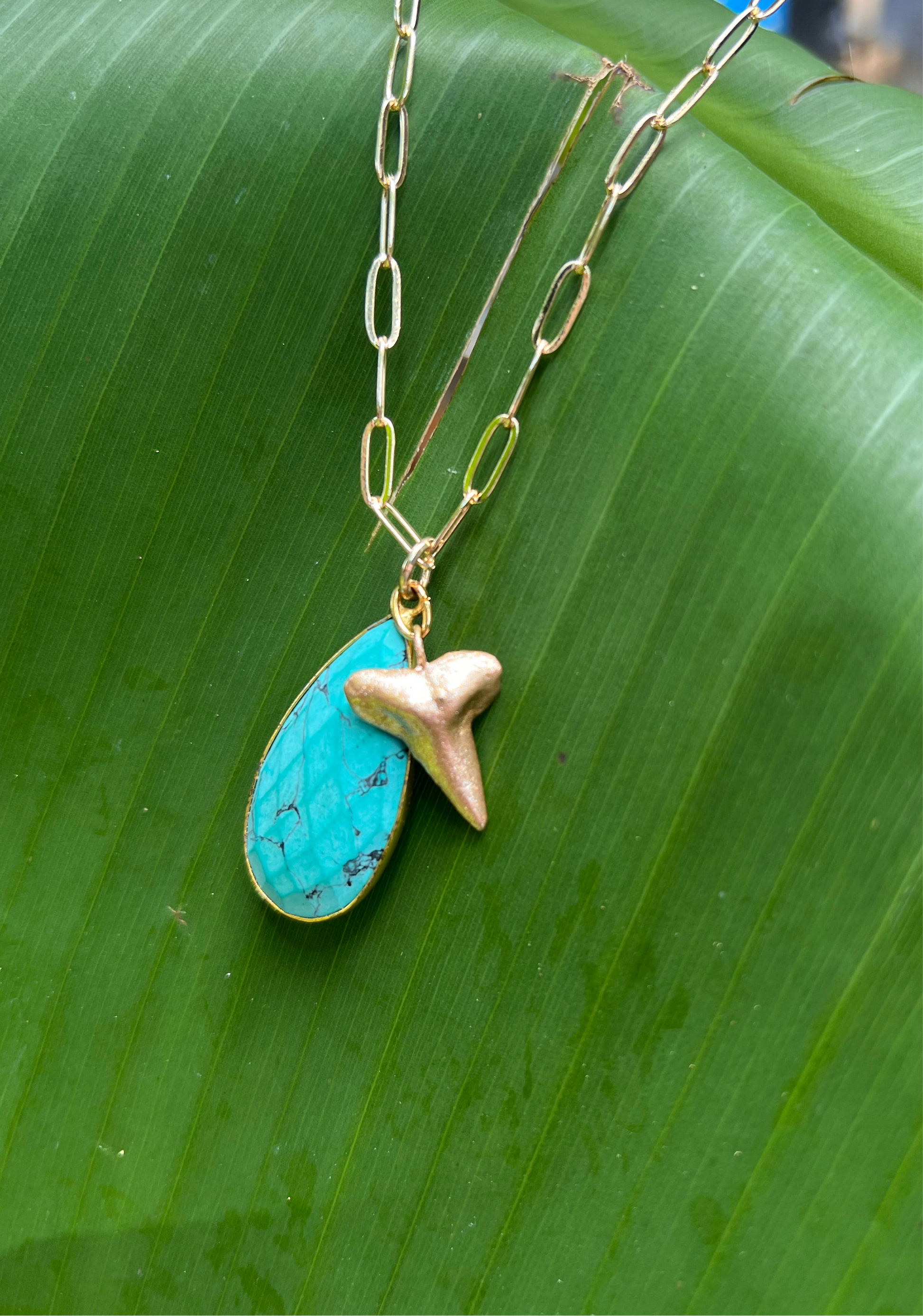 Real fossilized shark tooth Necklace with turquoise pendant and gold chain  by Foxy Fossils 