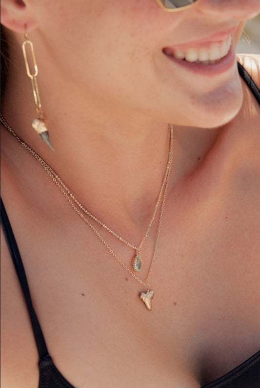 gold double layered shark tooth necklace real fossil with aqua pendant modeled foxy fossils