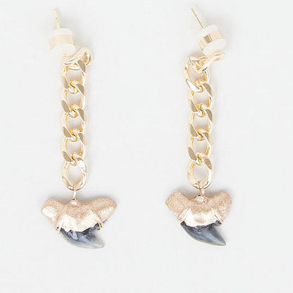 Gold Shark tooth fossil chain earrings with real fossilized tiger shark tooth charms on a white background