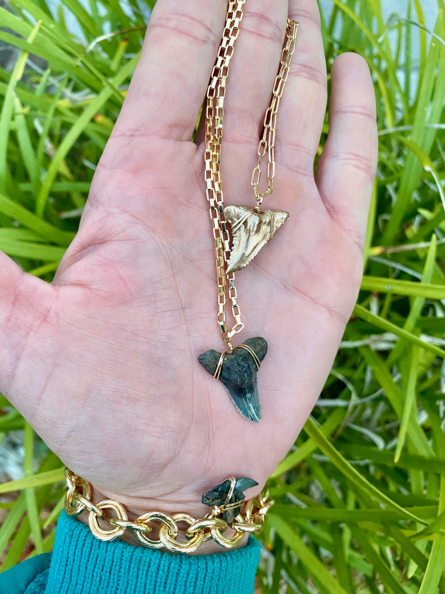gold Snaggletooth hemi shark tooth necklace real fossil —Foxy Fossils 