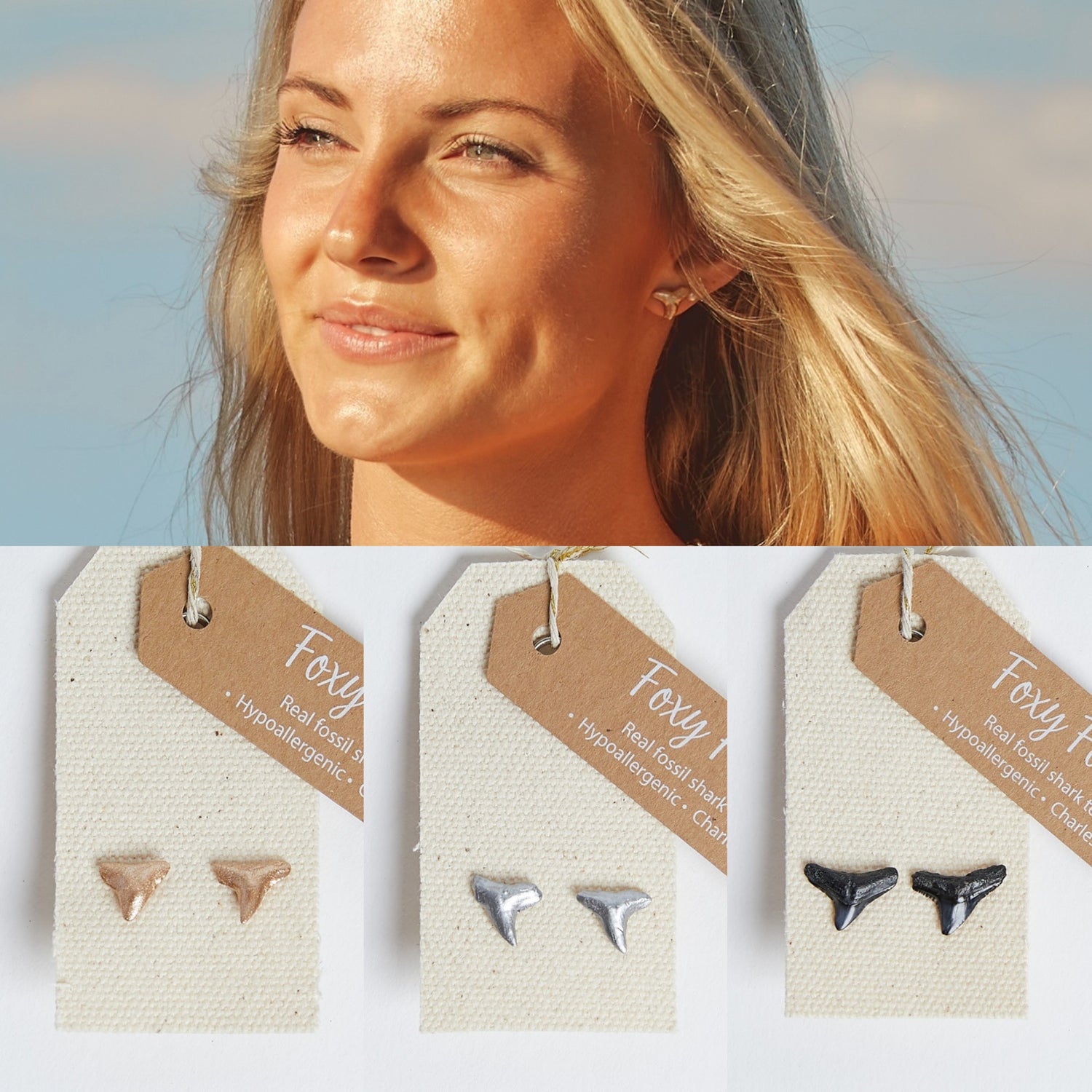 taylor ann green wearing foxy fossils shark tooth stud earrings
