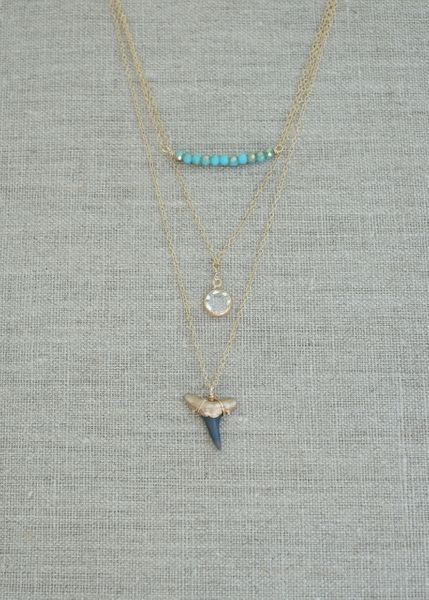 Charleston Classic 3-Layer Shark Tooth Necklace - real fossil shark tooth layered necklace, elegant gold dipped shark tooth layered necklace ethically sourced Foxy Fossils