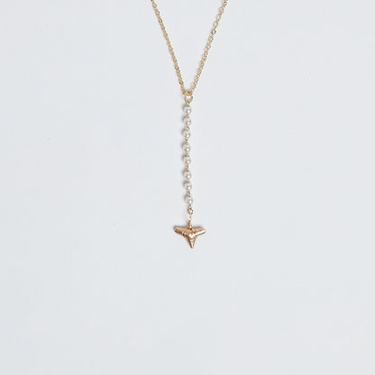 Saltwater Culture  real fossilized gold shark tooth y necklace with pearls- Foxy Fossils
