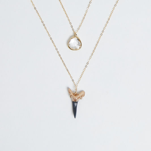 dainty layered fossil shark tooth necklace and clear crystal quartz pendant—gold dipped shark tooth necklace - Foxy Fossils