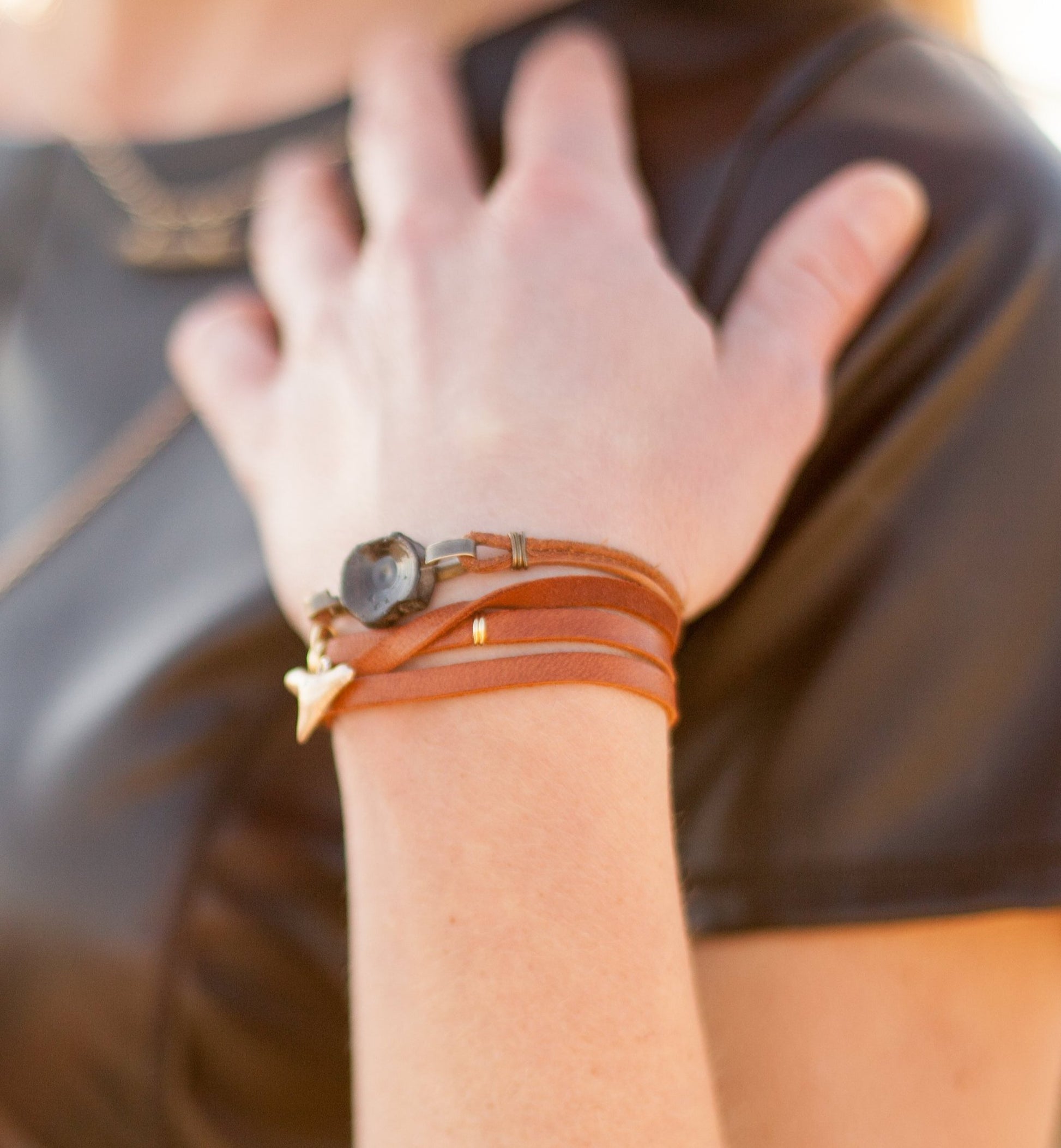 Leather Wrap Shark Tooth Bracelet - Foxy Fossils