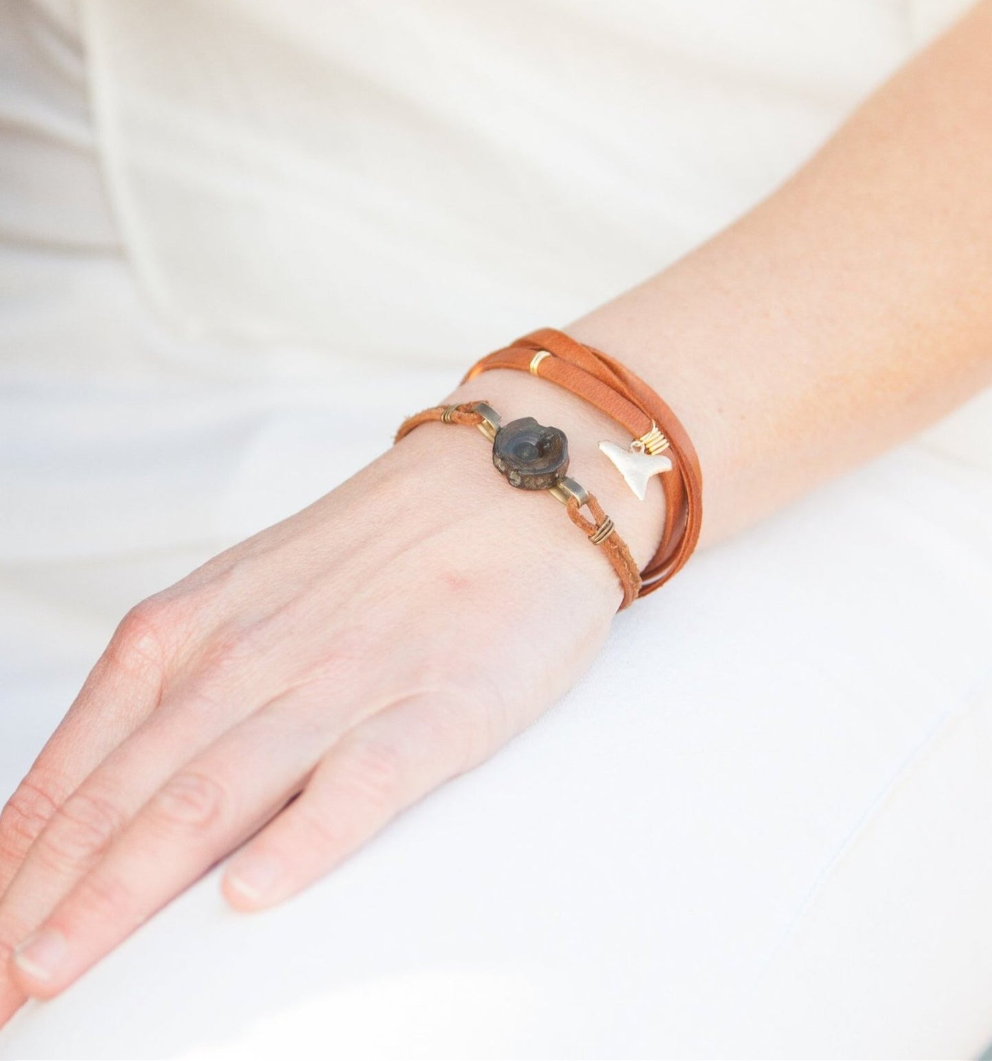 Leather Wrap Shark Tooth Bracelet - Foxy Fossils