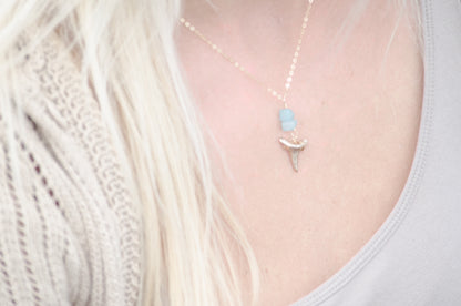 gold shark tooth necklace real with light blue stones on gold chain real fossil jewelry - foxy fossils