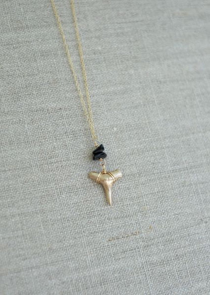 elegant gold shark tooth fossil pendant necklace in gold with gemstones—gold shark tooth necklace —Foxy Fossils 