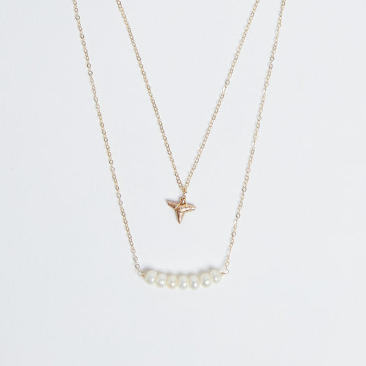 Saltwater Reign - Foxy Fossils double layer gold shark tooth necklace with freshwater pearls bar pendant