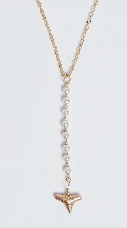 gorgeous pearl and gold shark tooth necklace featuring real fossil shark tooth gold - foxy fossils