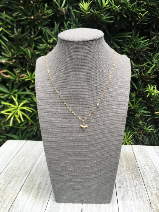 dainty gold shark tooth and pearl necklace-asymetrical pearl gold chain and mini gold tooth-The Sullivan's Necklace - Foxy Fossils