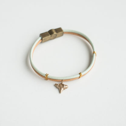 seafoam and tan leather bracelet with real shark tooth charm in gold