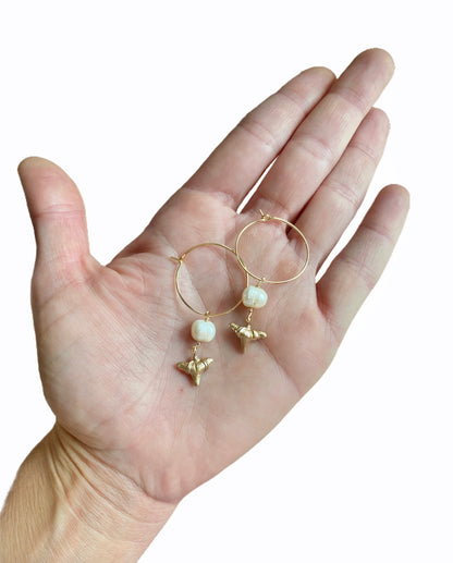 gold shark tooth and pearl hoop earrings-Sullivan’s Island shark jewelry-elegant fossil earrings gold-Foxy Fossils 