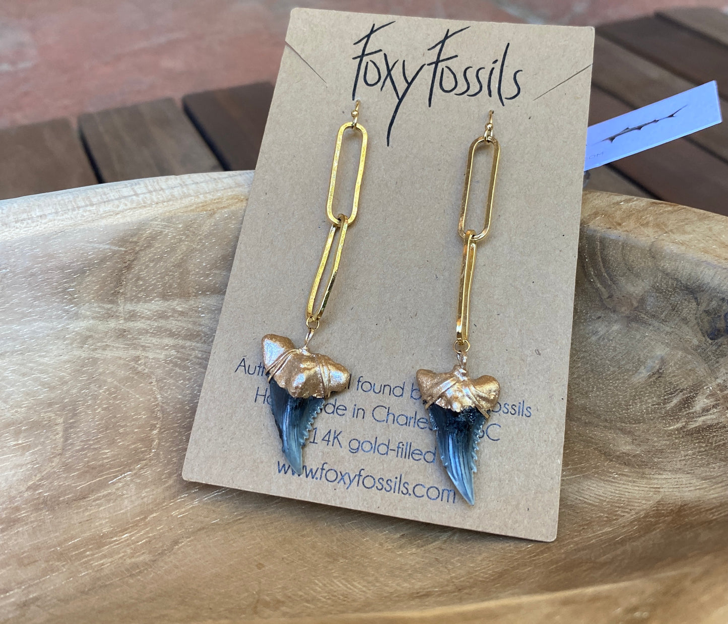 chain link shark tooth earrings with real fossil shark teeth by foxy fossils