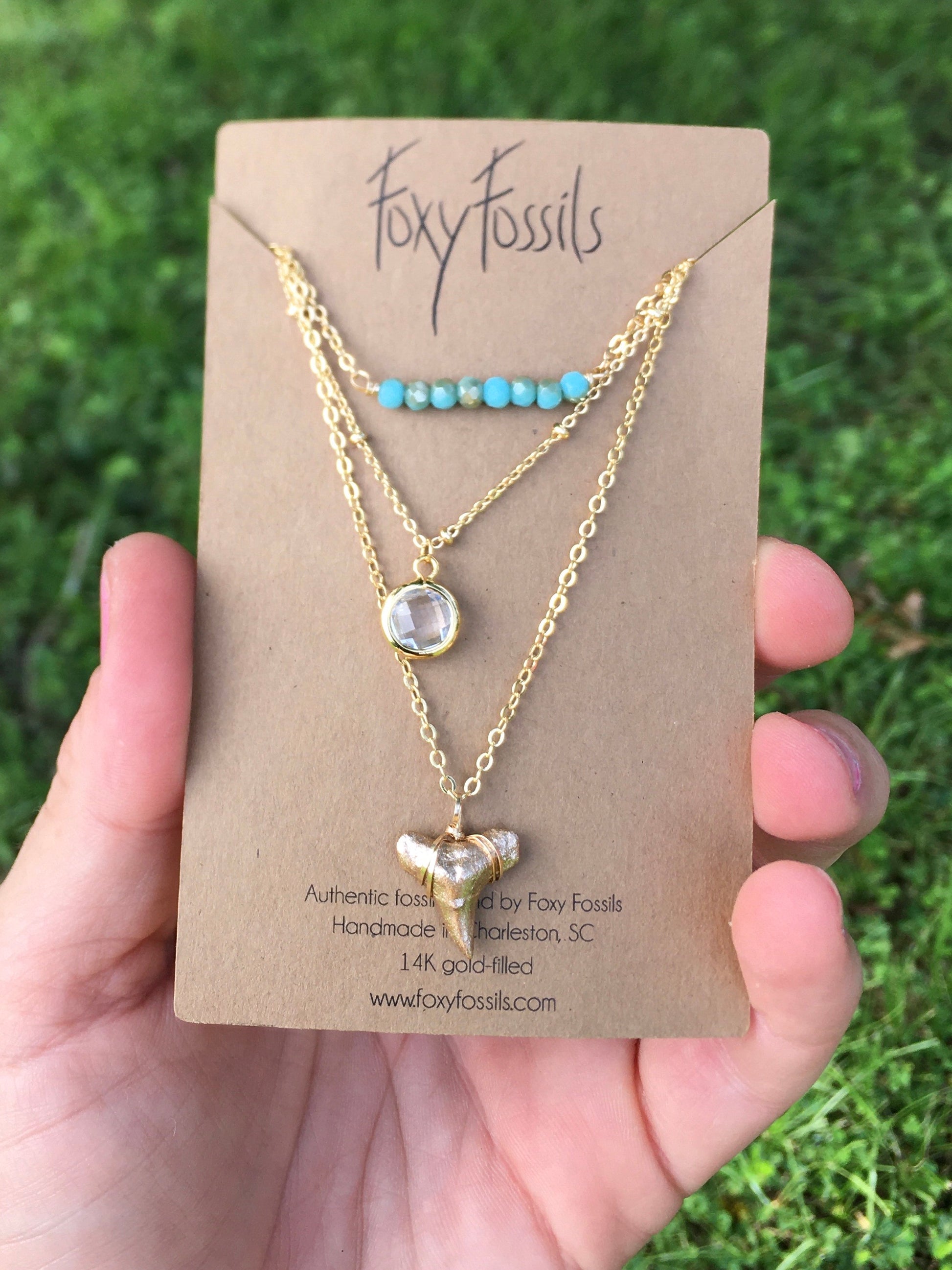 dainty gold layered shark tooth necklace with aquamarine—Foxy Fossils 
