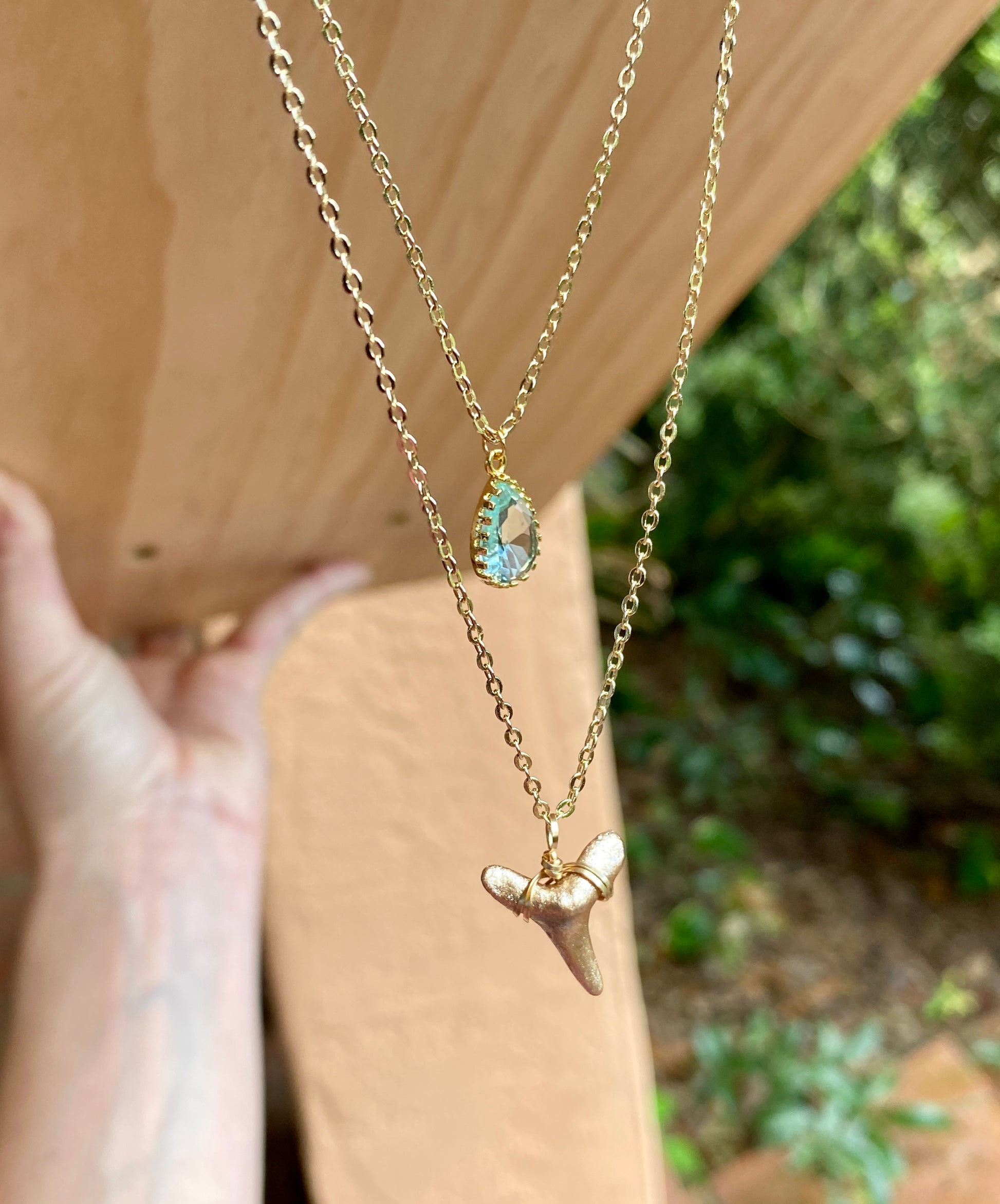 elegant gold shark tooth and stone necklace-aquamarine pendant with 14k gold filled wire wrapped shark tooth necklace-Foxy Fossils