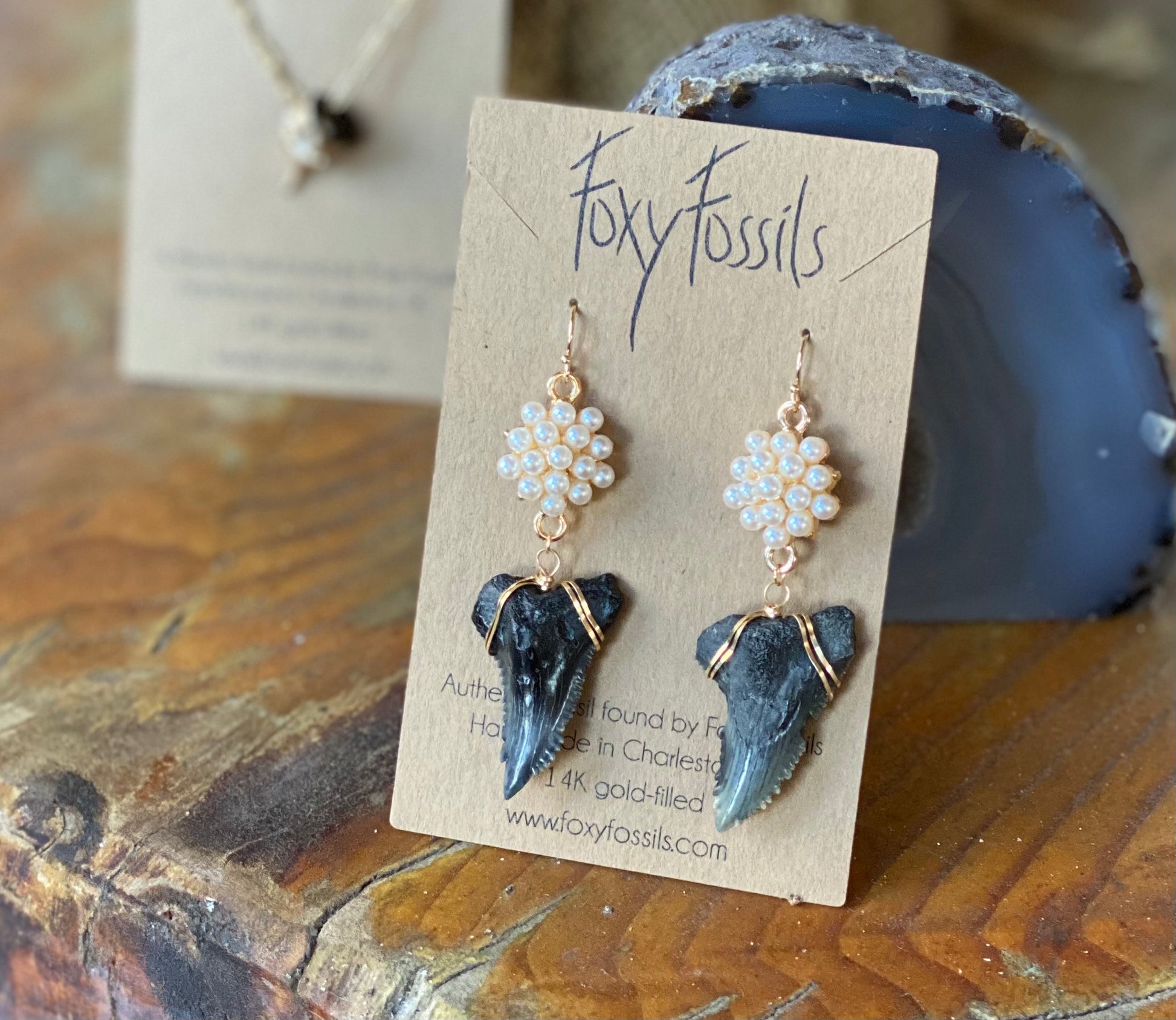 pearl and snaggletooth shak teeth earrings — Foxy Fossils 