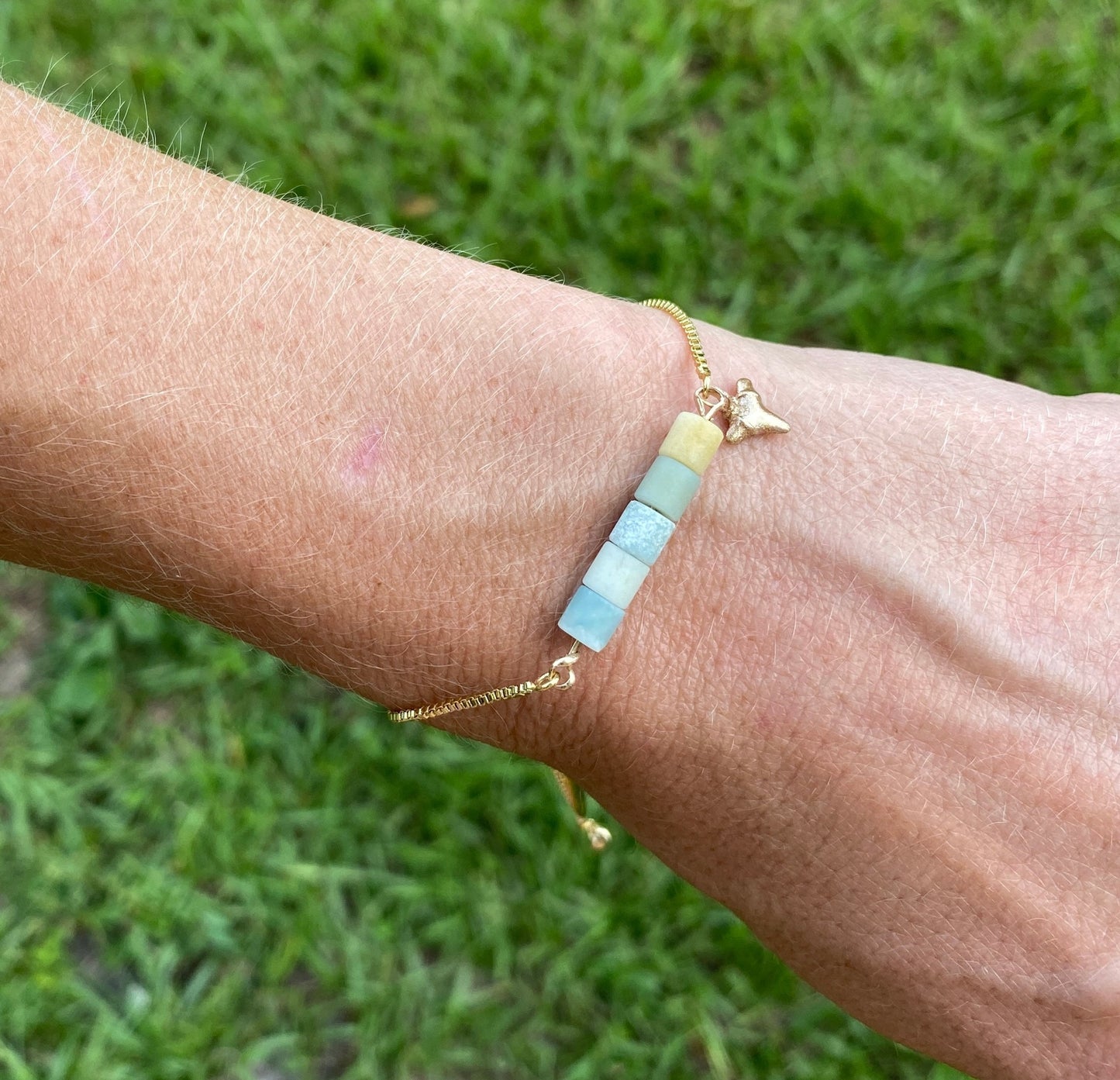 gold shark tooth charm real fossil shark tooth adjustable bracelet with amazonite - foxy fossils