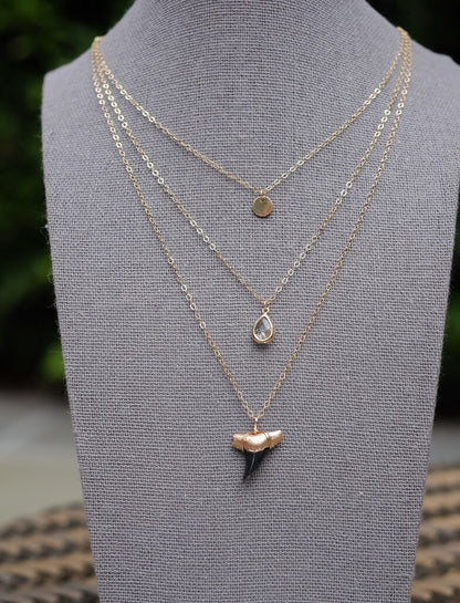 triple layer shark tooth necklace, real shark tooth necklace elegant fossil jewelry with ethical shark tooth gold dipped - Foxy Fossils