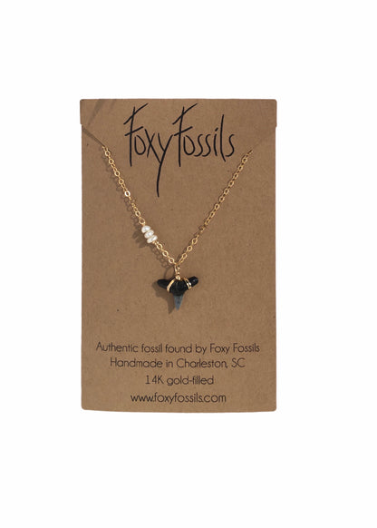 dainty gold wire wrapped shark tooth necklace with tiny pearls—ethically sourced fossilized shark tooth pendant—Foxy Fossils 