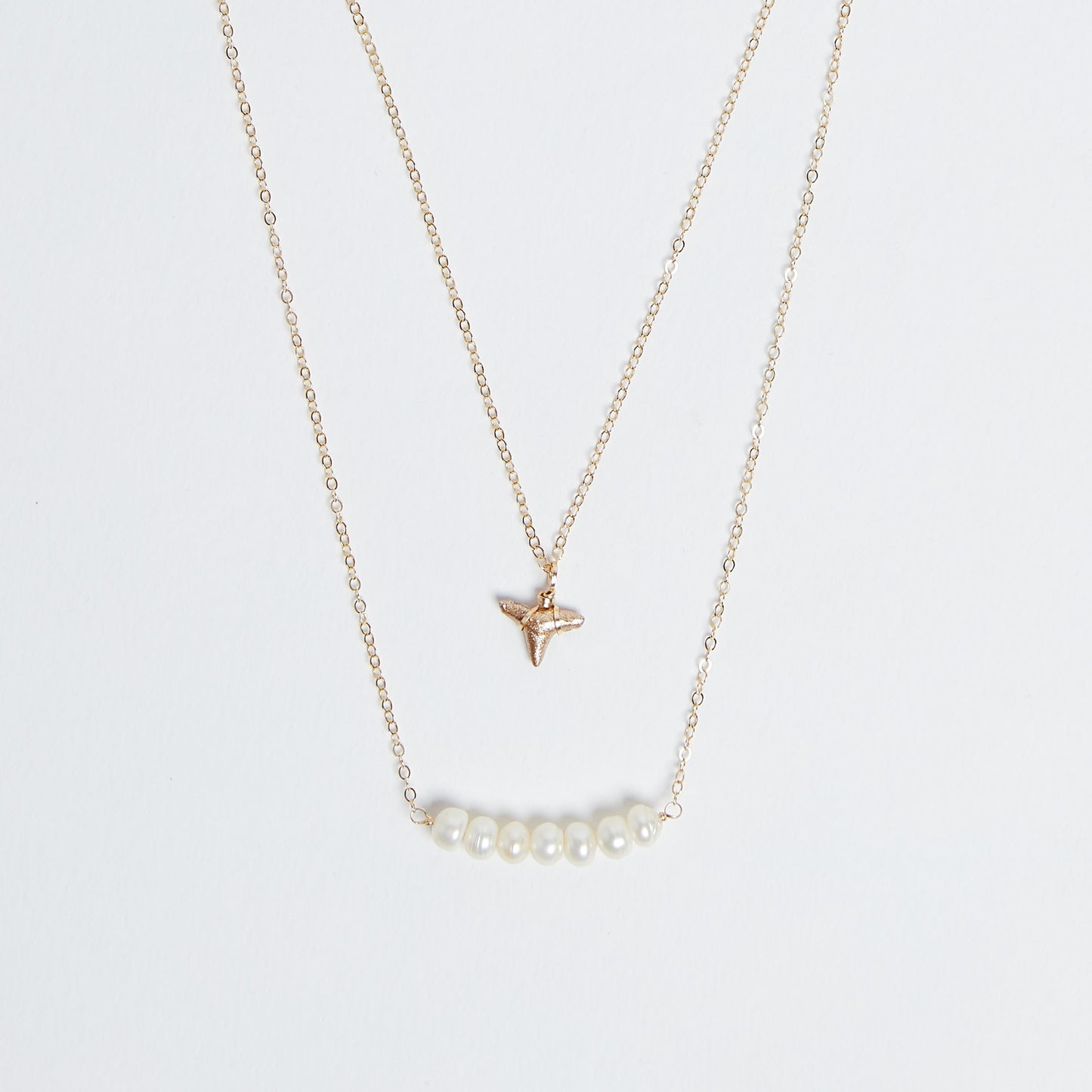 Saltwater Reign - Foxy Fossils double layer gold shark tooth necklace with freshwater pearls bar pendant