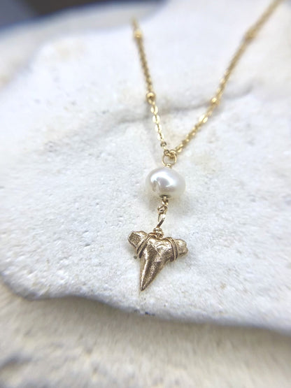 gold shark tooth necklace real fossil shark tooth with pearl necklace-foxy fossils