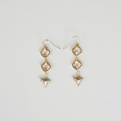 gold shark tooth dangle earrings champagne light peach stones —Foxy Fossils 