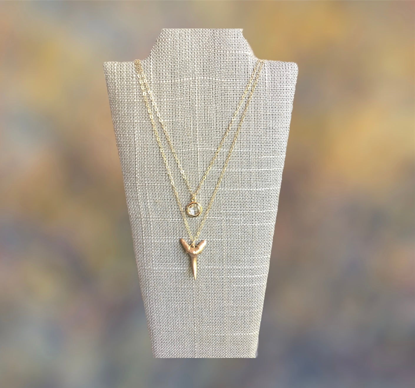 real fossil shark tooth in gold on double layer necklace with quartz-Foxy Fossils