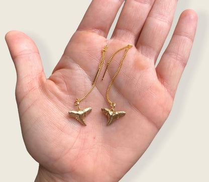 gold shark tooth earrings; gold fossilized shark teeth threader earrings, foxy fossils