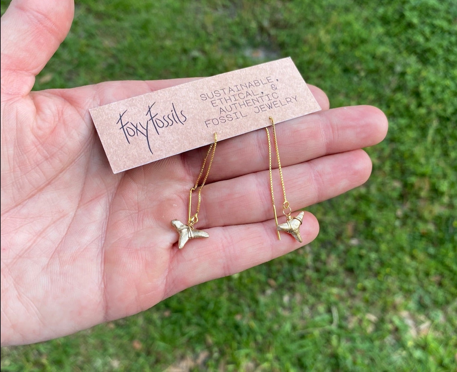gold shark tooth threader earrings featuring real fossilized shark teeth ethically collected -Foxy Fossils 