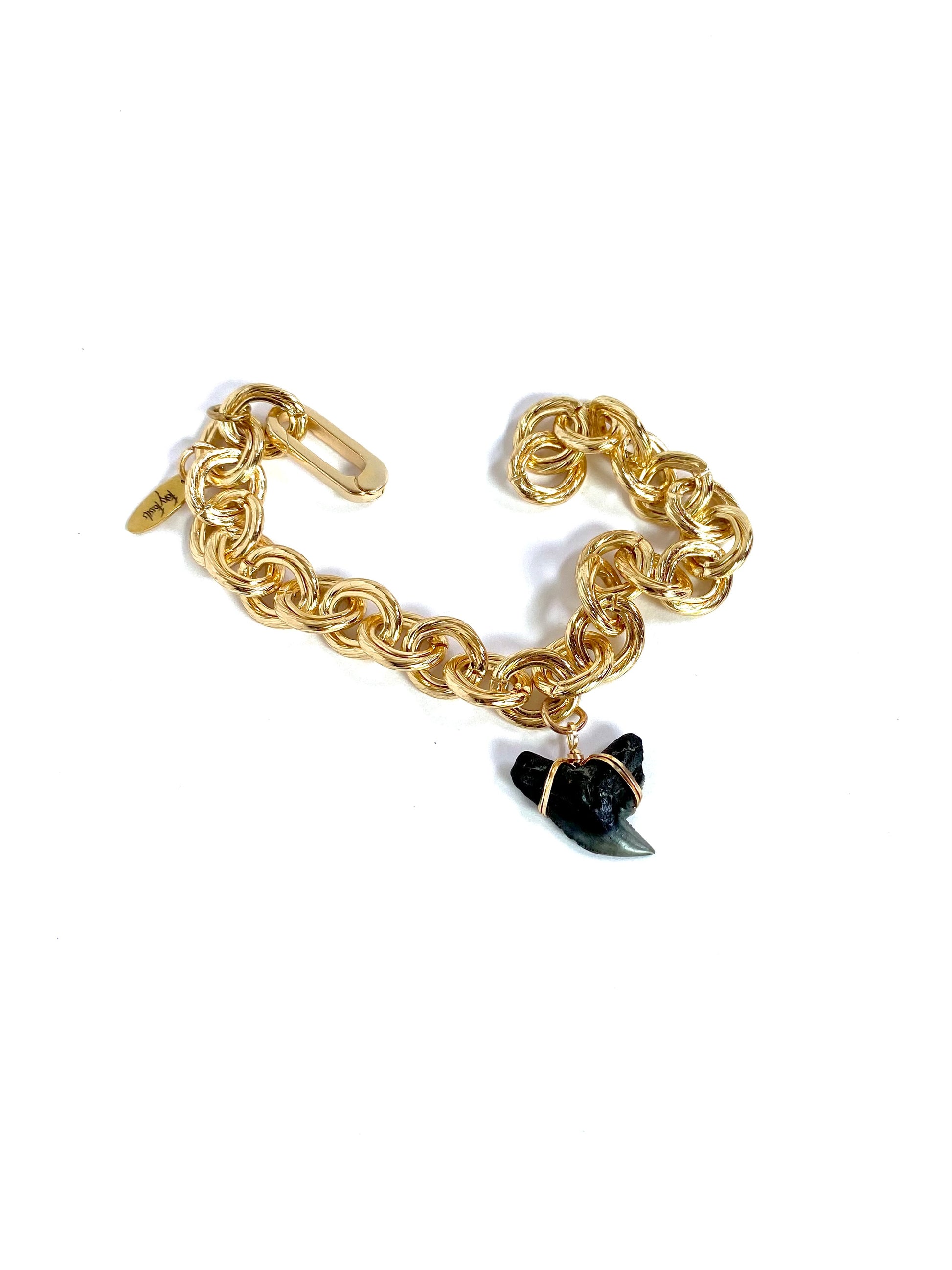 chunky gold chain bracelet with tiger shark tooth charm